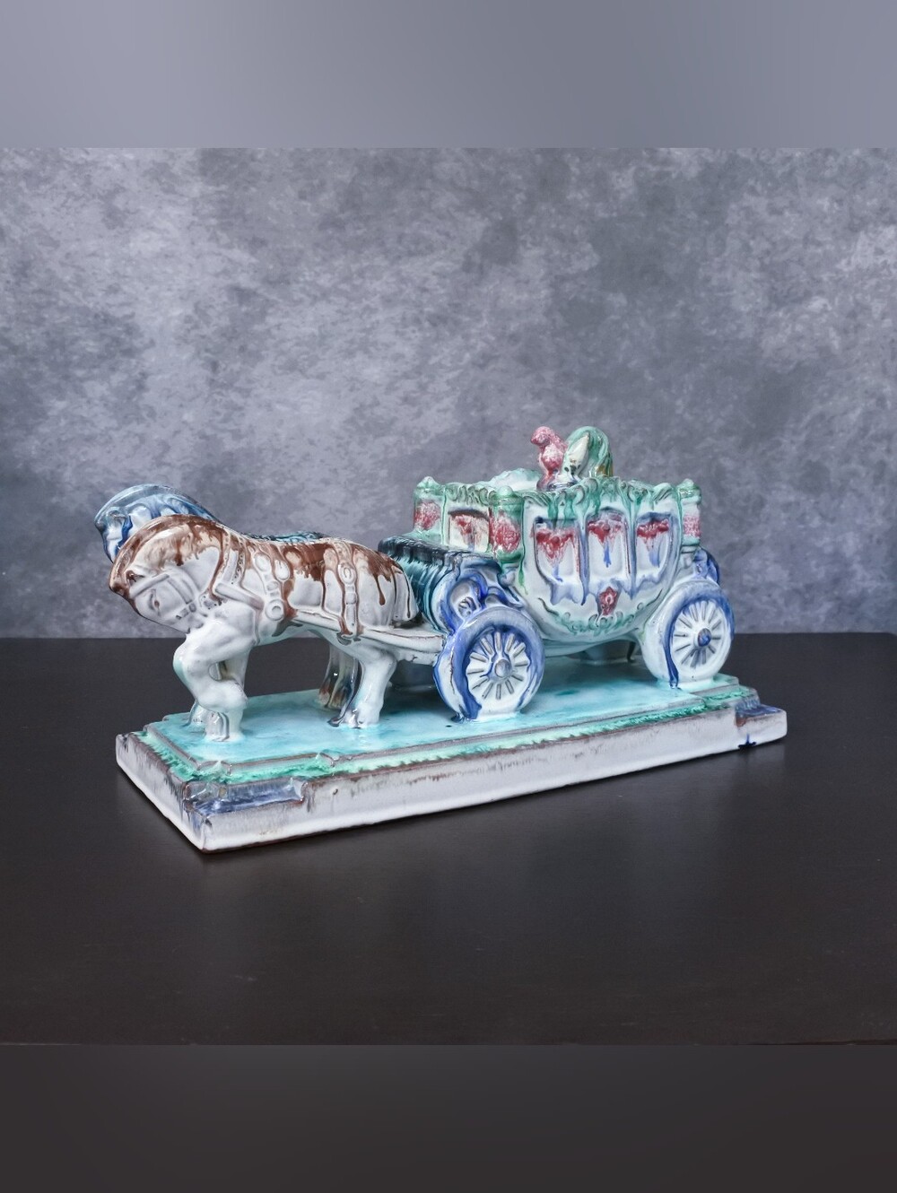 Vintage Japanese Drip Glaze Horse & Carriage Art Pottery Sculpture